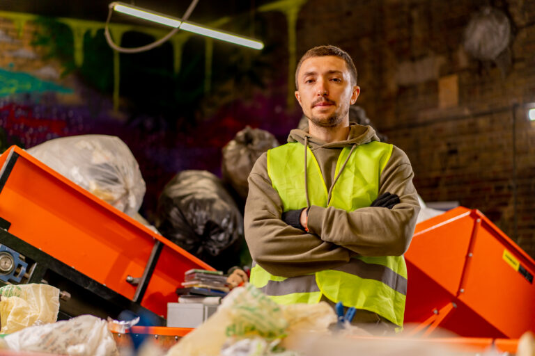 Portrait of a serious man in a protective vest with his arms crossed in front of him and looking at camera at a waste plant